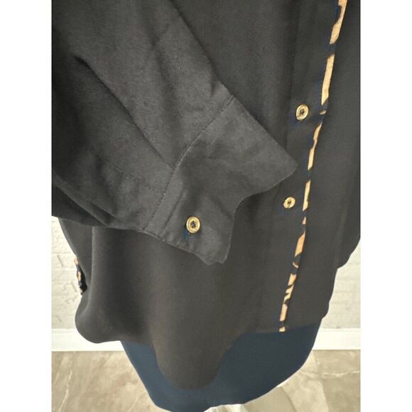 Calvin Klein Women Black with Animal Trim Roll Tab Button Front Button Shirt M - Picture 8 of 10